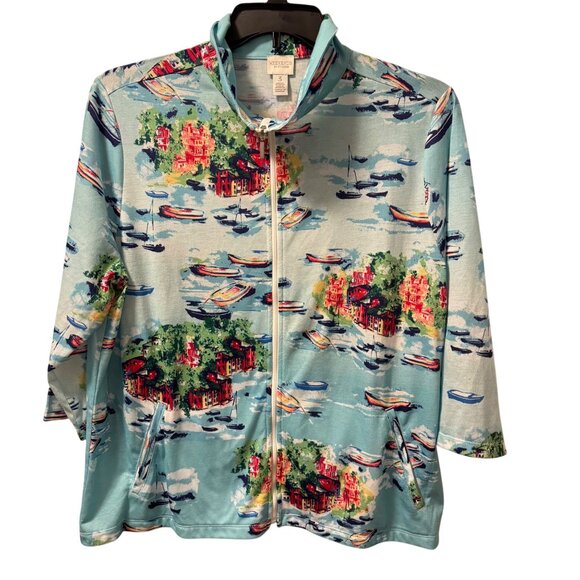Chicos Weekends Zippered Jacket Size XL Polyester Boating Scene Print - Picture 7 of 11